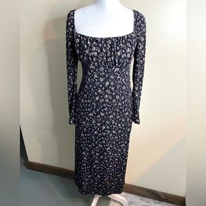 Lush Black Floral Long Sleeve Midi Dress Cottagecore Peasant Boho